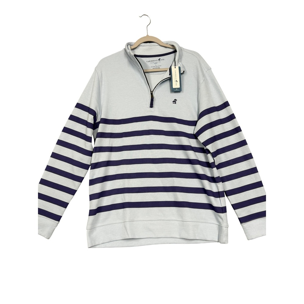 Caribbean Joe Pullover Mens Large Light Blue Striped 1/4 Zip Mock Neck Sweater